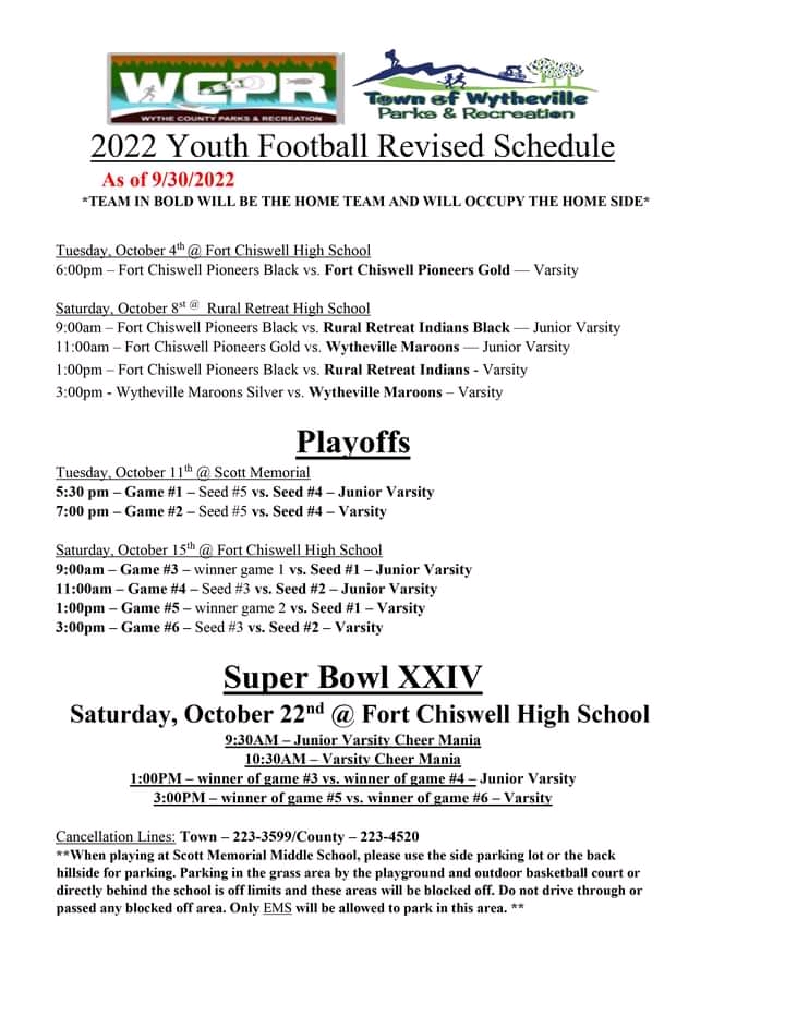 WYTHEVILLE FOOTBALL SCHEDULE PARKS AND REC